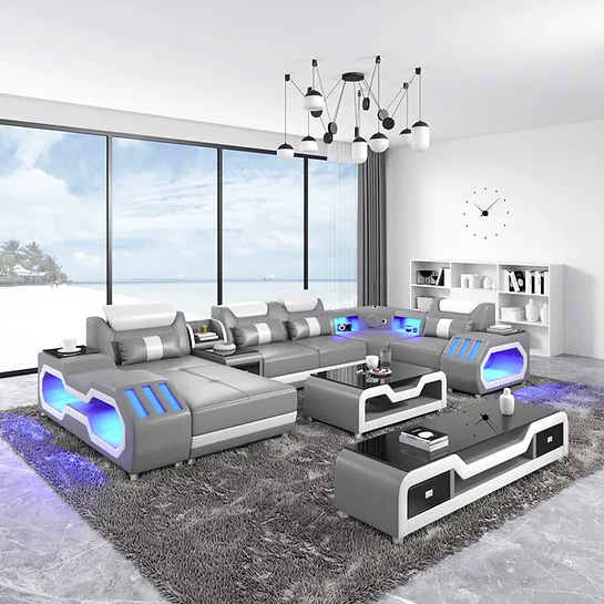 Ultra Modern Sectional Sofa Leather with LED, usb and Bluetooth speakers Miami